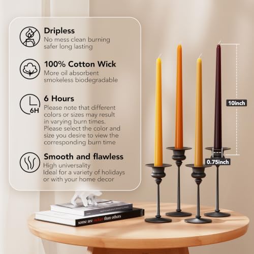 10-Inch Unscented Dripless Taper Candles - Fall Taper Candles Bulk 12 Pack for Dinner - Smokeless, 6-8 Hour Burning - Mixed Candlesticks - Burgundy, Caramel, Blaze, Ochre - Image 2