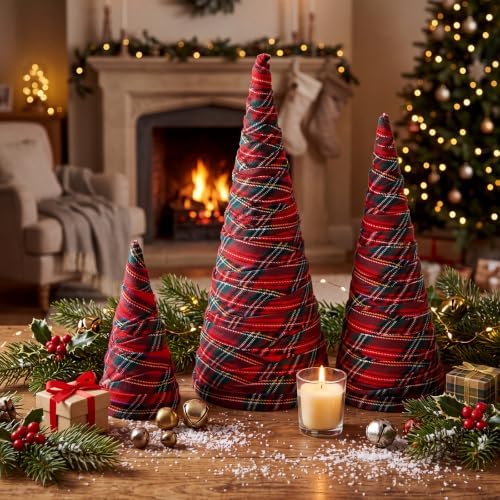 Novabright 3 Set Christmas Tartan Plaid Cone Tree Christmas Decor Tabletop by Unknown