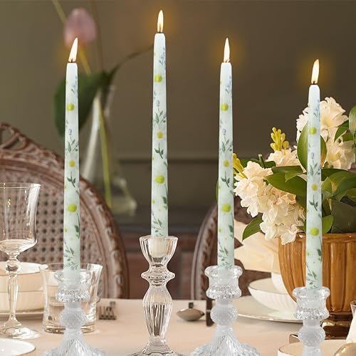 Daisy Printed Taper Candles Smokeless- 4 pcs Handmade White Taper Candle - Dripless Uncented Candle 10 inches Long Flower Printed Tapered Candles for Home Party Wedding Restaurant Holiday Decor - Image 2