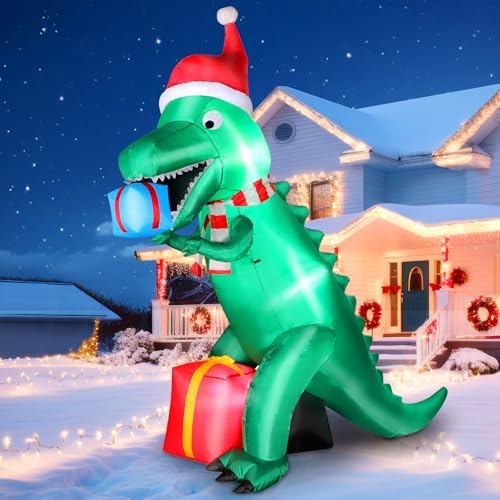 7 FT Christmas Inflatables Dinosaur Outdoor Yard Decoration, Christmas Blow Up Giant Dinosaur Holding Gift Boxes with Built-in Bright LED Lights for Xmas Holiday Garden Lawn Yard Party Decor by FunFansoHolidaysDecorations