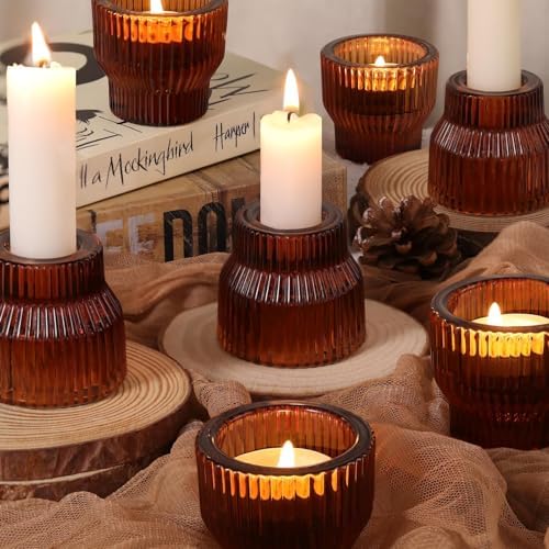 12 Pack Amber Taper Candle Holders, Glass Tea Light Candlestick Holders - Image 3
