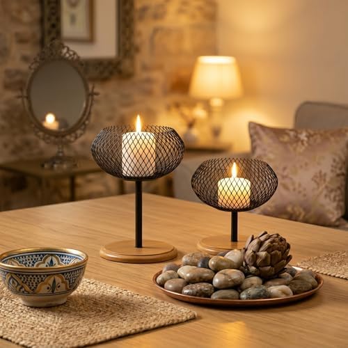 Candle Holder Set of 2, Modern Organic Vintage Black Metal Pillar Candle Holders with Wooden Bamboo Base, Candle Tray Candle Stand for Dining Table Centerpiece Kitchen Mantel Home Office - Image 6