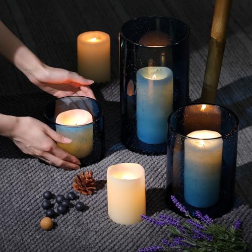 Large Hurricane Candle Holder Set of 3 Blue Candle Holders for Pillar Candles, Seeded Bubbles Glass Candle Holder, Blue Glass Cylinder Vases for Table Centerpieces, Home, Patio and Wedding 10"7"4"H - Image 4