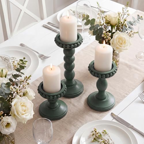 Mumufy 3 Set Wooden Candle Holders for Pillar Candles, Sage Green, Small - Image 4