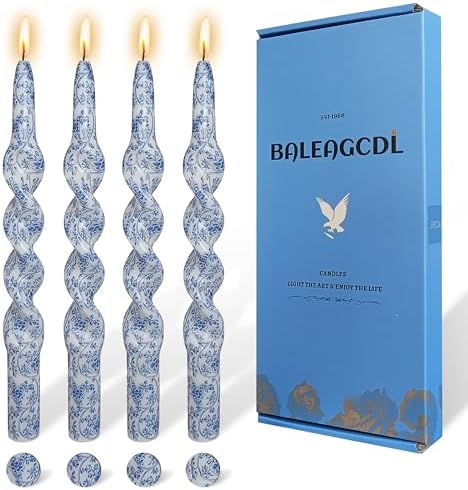 Spiral Print Taper Candles-Blue Floral Unscented Candle Long 10 Inch Flower Tapered Candlestick for Family Gatherings Weddings Restaurant Holiday Decorations Set of 4 by YUKCAXDLS