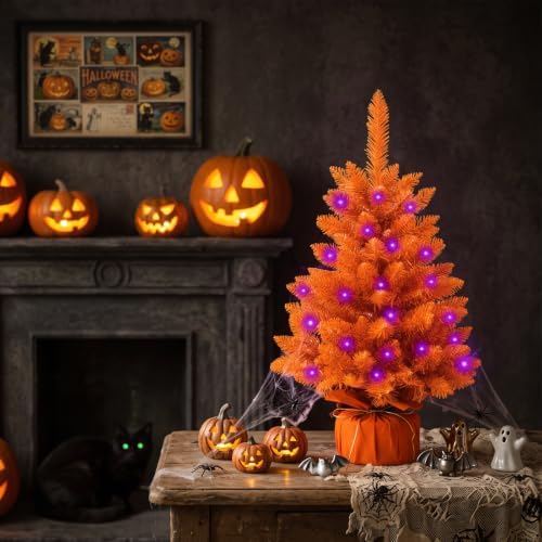 2FT Orange Halloween Tree with Lights, 50 LED Multicolor Prelit Mini Artificial Orange Christmas Tree, Tabletop Spooky Halloween Tree for Desk Home Indoor Holiday Party Decorations - Image 6