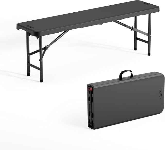 VINGLI 4 feet Plastic Folding Bench,Portable in/Outdoor Picnic Party Camping Dining Seat, Garden Soccer Multipurpose Entertaining Activities, Smooth HDPE Tabletop (1, Black, 4ft)