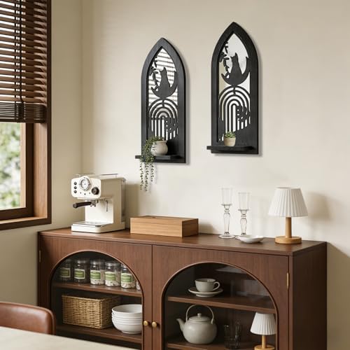 ZEXUIRU 2 Set Rustic Candle Sconces Living Room Bedroom Entryway Wood Mirrored, Farmhouse, Carved Frame Wall-Mount Wooden Candle Holders Wall Decor Hanging Handmade Holder - Black - Image 2