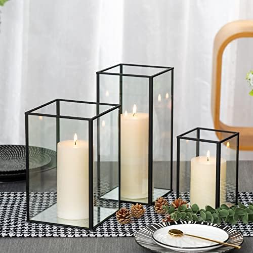 yshengood Large Glass Hurricane Candle Holder Set of 3 PCS, Black Frame and Glass Hurricane Candleholders by yshengood
