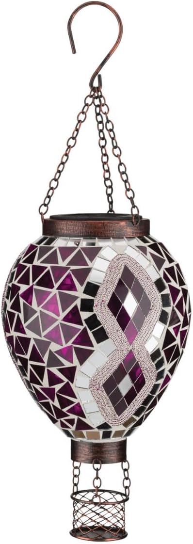 Regal Art & Gift Hot Air Balloon Solar Lantern – Hanging Solar-Powered LED Lights, Waterproof Portable Decorative Outdoor Lamp Made of Metal & Glass for Garden, Patios & Pathway - Mosaic Purple