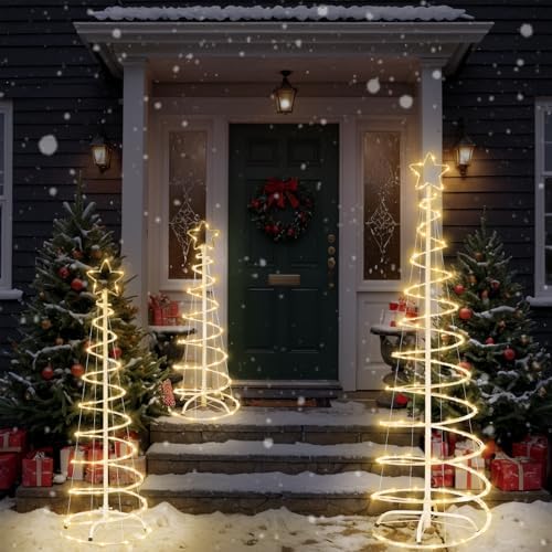 3 Packs Christmas Spiral Tree with Lights, 3/4/5 FT Lighted Xmas Collapsible Tree with Metal Stakes for Indoor & Outdoor, Yard, Porch, Garden Holiday Decor (Warm White, 3-4-5 FT) - Image 6