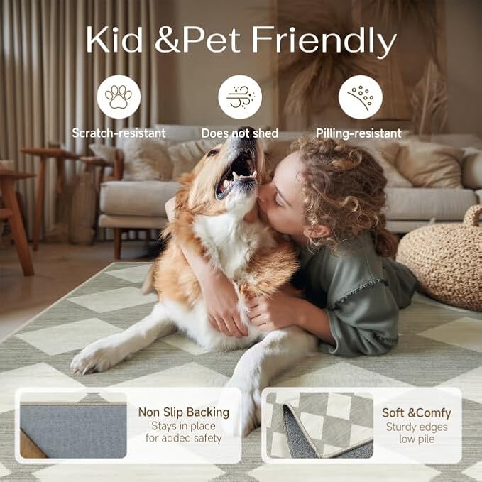 Grey 5x7 Washable Area Rug Living Room Non Slip Checkered Carpet | Soft, Low Pile, Easy Clean, Diamond Pattern for Bedroom, Office, Nursery, Dining Room, Kids Room, Modern Indoor Decor