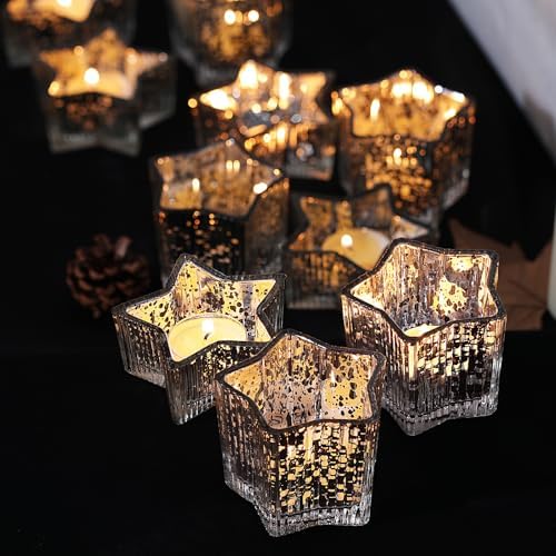 Letine 10pcs Silver Ribbed Star Candle Cups - Assorted Height Tea Light Holders, Votive Candle Holders forWedding, Fall Table Centerpiece, Mercury Glass Lucky Star Jar Decor(Tall 2.44", Short 1.57") - Image 6