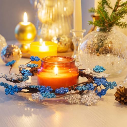 Daifunli 2 Pcs Winter Blue Snowflake Candle Rings Snowflake Wreath Glitter Vintage Wood Wreaths for Pillar 6 Inch Candles Holder for Winter Christmas Rustic Table Centerpiece Decor - Image 4
