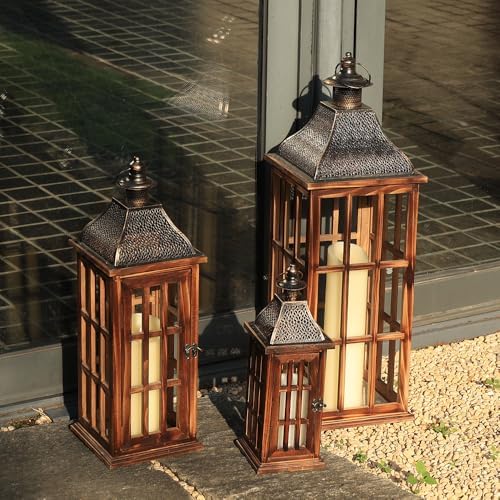 Large Farmhouse Wooden Metal Lantern Set of 3, 27''/22''/15'' H Rustic Decorative Indoor & Outdoor Hanging Candle Lanterns, Wooden Outdoor Lanterns for Patio Front Porch Table, Brown - Image 7