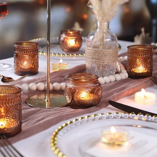DARJEN 12Pcs Amber Votive Candle Holders - Vintage Glass Candle Holders for Flameless LED Tea Waxes, Tealight Candle Holder for Wedding & Home Table Decor, Vintage Parties - Image 3
