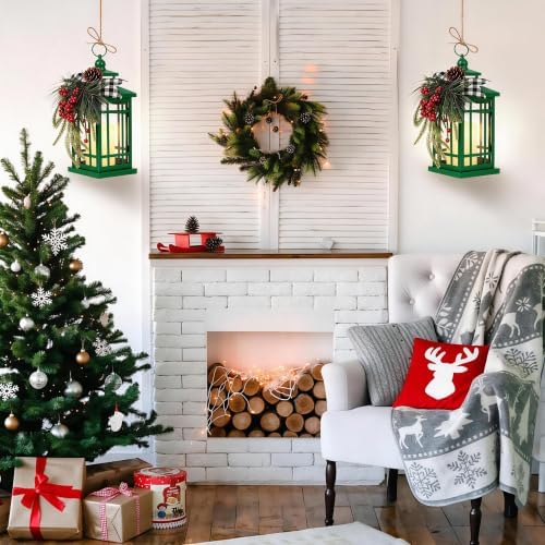 WOKEISE Metal Christmas Vintage Candle Lanterns, Plaid Ribbon Decorative Hanging Lantern for Indoor Outdoor Xmas Porch Decorations Party Gift, Green - Image 2