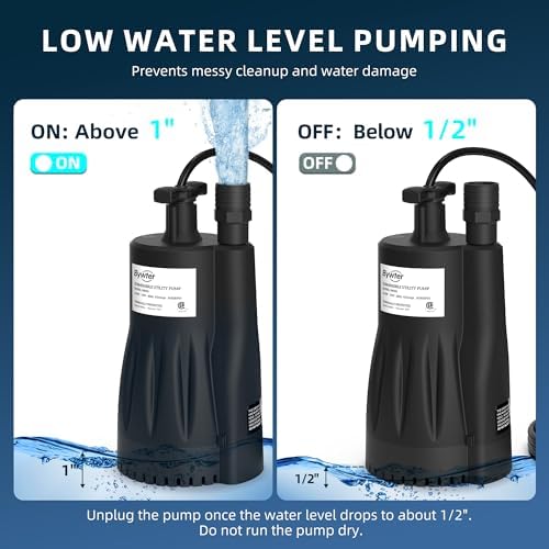 1/3 HP Submersible Water Pump, 1800 GPH, 29 FT Lift, Auto Start/Stop | IP68 nylon utility pump starts above 1 in and drains to 1/2 in, fits 3/4 in garden hose and 1-1/4 in drain hoses, 10 ft cord