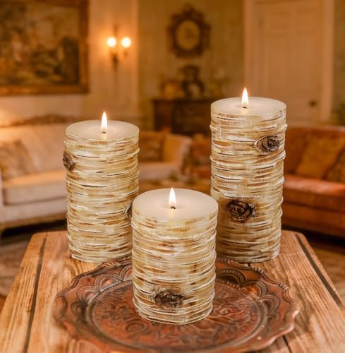 Birch Bark Pillar Candle Set of 3, Real Wax Fireplace Decor Candles - Image 5