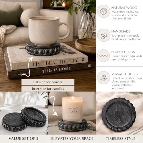 Felt Creative Home Goods Set of 2 Round Rustic Wood Beaded Risers - Sturdy 2-Sided Stackable Decor Pedestal Stands for Tiered Tray, Candle, Mug Display (Rustic Black, 5 inch) - Image 3