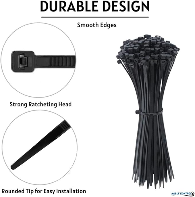 Kable Kontrol Cable Zip Ties Black 25,000 Pcs 8 Inch, 18 Lbs Tensile Strength, Bulk Pack, Self-locking UV Resistant Plastic Nylon Wire Ties, for Indoor or Outdoor Use