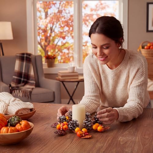 Daifunli 2 Pcs Fall Pillar Berry Candle Ring 3.25 Autumn Maple Pine Cones Acorns Wreath Candles Holder for Thanksgiving Winter Christmas Rustic Table Centerpiece Mantel Door Decor - Image 2