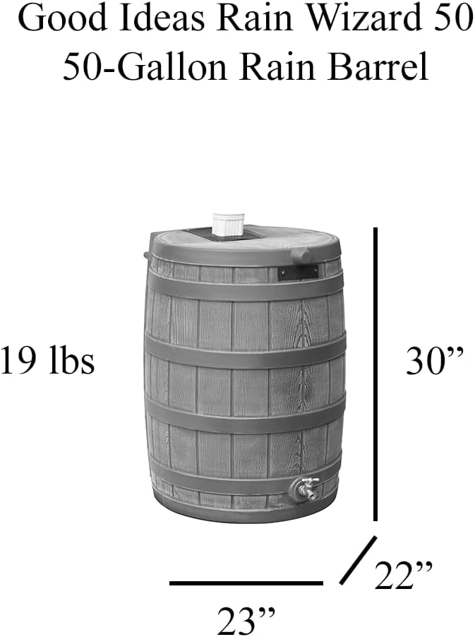 Good Ideas Rain Wizard 50 Gallon Plastic Outdoor Home Rain Barrel Water Storage Collector with Brass Spigot and Flat Back Design, Khaki