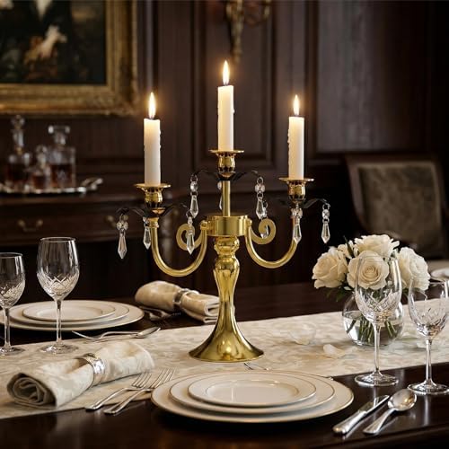 2 Pcs 3 Arm Black and Gold Metal Candelabra with Crystal Pendants - 11.8 Inch Tall Candle Holders, Elegant Taper Candlestick Stand for Wedding, Dining Table, Christmas Party Home Decoration - Image 4
