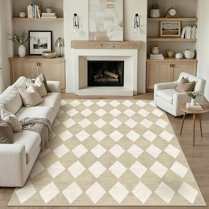 6x9 Washable Area Rug Living Room Beige Non Slip Checkered Carpet | Soft, Low Pile, Easy Clean, Diamond Pattern for Bedroom, Office, Nursery, Dining Room, Kids Room, Modern Neutral Decor