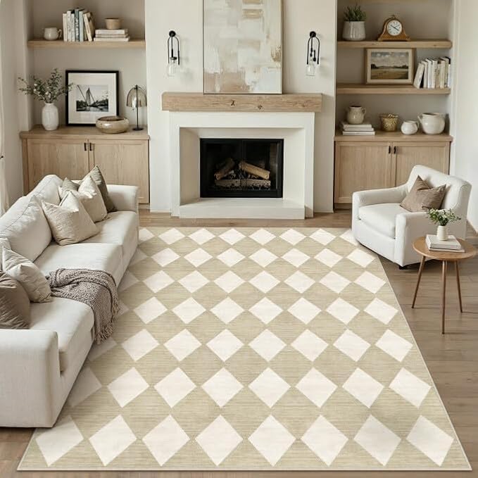 10x12 Washable Area Rug Living Room Beige Non Slip Checkered | Soft, Low Pile, Easy Clean, Diamond Pattern for Bedroom, Office, Nursery, Dining Room, Kids Room, Modern Neutral Decor