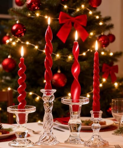 4 Pcs Red Taper Candles 7.87 Inch - Christmas Candlesticks Spiral Wave Twisted Ribbed, Unscented Smokeless Red Candle Sticks for Christmas Valentine's Wedding Dinner Party Home Decor - Image 3