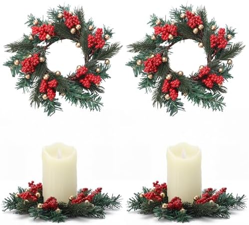 Daifunli 2 Pcs Christmas Gold Ball Red Berry Pine Needle Candle Ring Artificial Berry Bell Wreaths for Pillar 3.25 Inch Candles Holder for Winter Christmas Country Wedding Table Centerpiece Decor by Huiinen