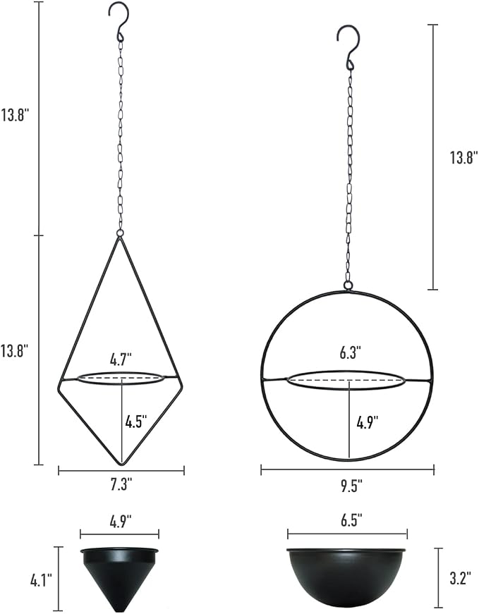Metal Hanging Planters Set of 2 Modern Indoor Plant Hanger with Round and Diamond Pots, Geometric Small Wall and Ceiling Hanging Plant Holders for Succulents and Herbs, Black Finish