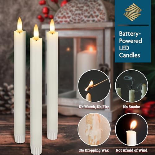 Flameless Taper Candles with Remote, Real Wax Battery Operated LED Candles Set with 3D Flickering Flame, 9.6" Realistic Dripless Candlesticks for Wedding Home Decor, 3 Pack White - Image 4