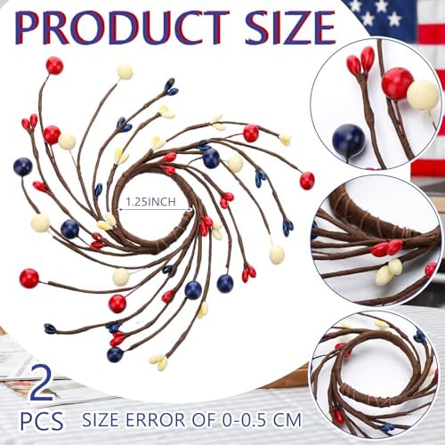 Daifunli 2 Pcs Patriotic Candle Rings for Taper 1.25 Inch 4th of July Red White and Blue Berry Candles Wreaths Vintage Pip Berries Ring for 250th Independence Day Rustic Table USA Centerpiece Decor - Image 2