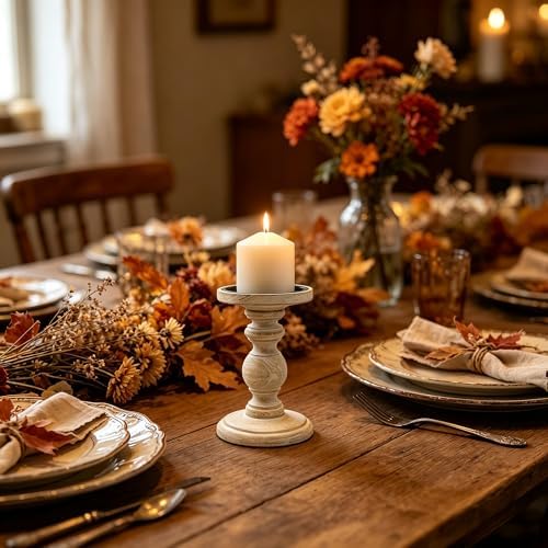 Hosley Antique White Wooden Pillar Candle Holder 7 Inch High - Rustic Country Farmhouse Decor, Wedding Centerpiece, Home Accent Gift - Image 4
