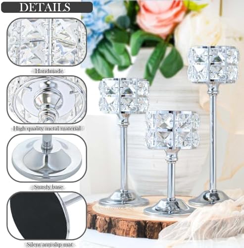 Crystal Metal Candle Holder, Square Crystal Beads Bling Tea Light Candlestick, Tall Votive Candelabra Elegant Centerpiece for Table Wedding Decoration, Home Decor (Silver, 4 Set (12pcs) - Image 2