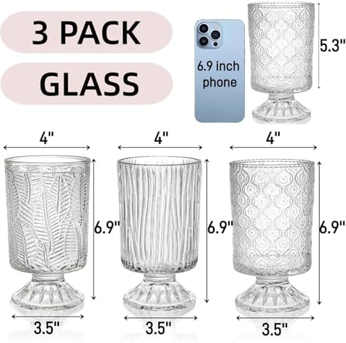 Pumtus 3 Pack Flower Vases for Centerpieces, Vintage Glass Pedestal Vase Set, Decorative Embossed Big Base Vase, Clear Hurricane Candle Holder, Medium Cylinder Vase for Wedding, Home, Party, Office - Image 2