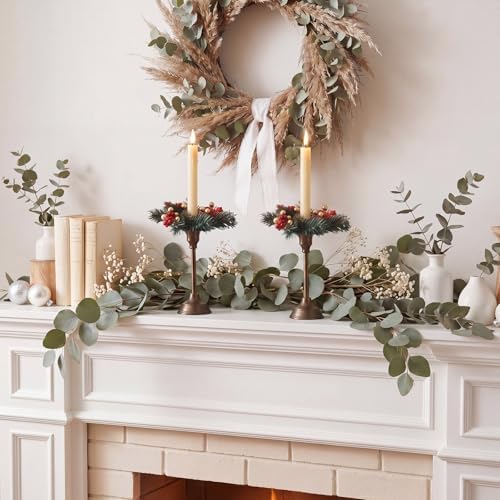 Daifunli 2 Pcs Christmas Gold Ball Red Berry Pine Needle Candle Ring Artificial Berry Bell Wreaths for Pillar 1.25 Inch Candle Holder for Winter Christmas Country Wedding Table Centerpiece Decor - Image 6