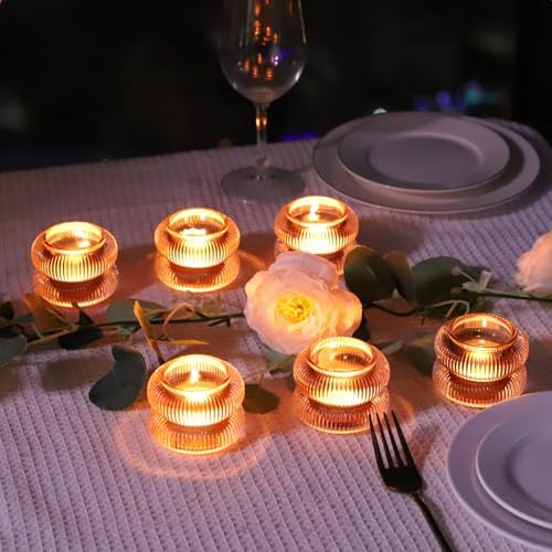 Woho Amber Votive Candle Holders, Ribbed Tealight Candle Holder Set of 6 - Image 3