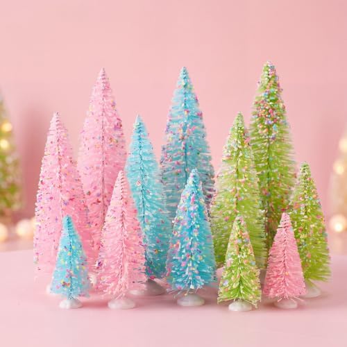 RattanView 12 PCS Pastel Mini Christmas Trees, Bottle Brush Village Decor by RattanView
