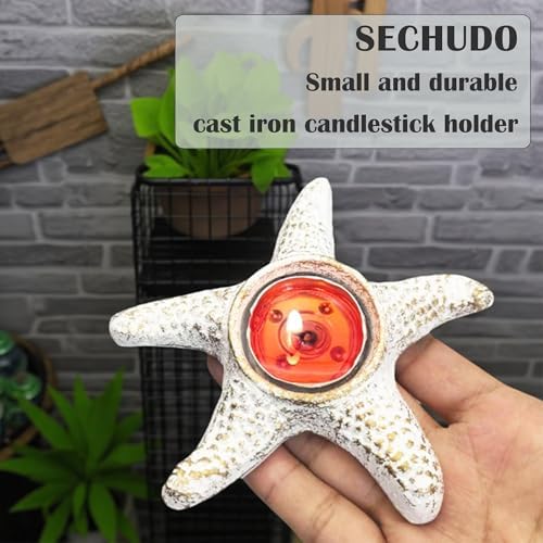 Small Cast Iron Candle Holder, Handmade Vintage Candlestick Holders, Tea Light Candle Holder, Rustic Candle Stand for Romantic Dinner, Yoga Meditation, Home Decor (White Starfish Pattern) - Image 4