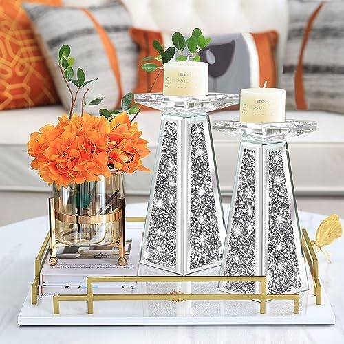 Wocred 2 Piece Candlestick Holders for Holding Pillar Candles, Crystal Crushed Diamond Candle Holders Set Decor for Dinning Room, Silver Glass Votive Candle Holders for Table Centerpiece(8”) - Image 2