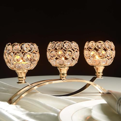 Crystal Tealight Candle Holder Centerpiece Home Decorative Candlestick Holder Elegant Table Centerpiece Home Decor Wedding Party Anniversary (Gold, 3 Arm of 4 Pcs) - Image 3