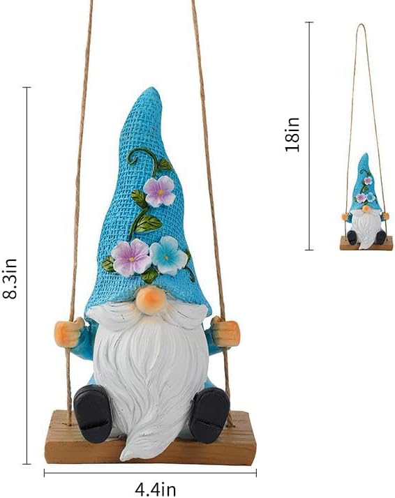 Hanging Garden Gnomes Outdoor Decor, Funny Gnome on Swing Figurine for Yard Tree, Miniature Whimsical Fairy Garden Ornament & Spring Gifts for Women, Resin Sculpture