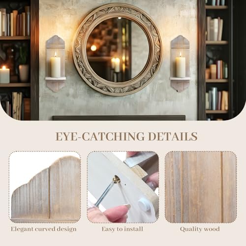 Wall Candle Sconces Set of Two, Rustic Wood Wall Candle Holder Decor, Farmhouse Wooden Candle Holder Wall Decorations for Fireplace, Hallway, Living Room, Bedroom,Washed Brown - Image 3