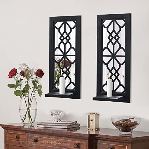 ZEXUIRU 2 Set Rustic Candle Sconces Living Room Bedroom Entryway Wood Mirrored, Farmhouse, Carved Frame Wall-Mount Wooden Candle Holders Wall Decor Hanging Handmade Holder - Black by ZEXUIRU