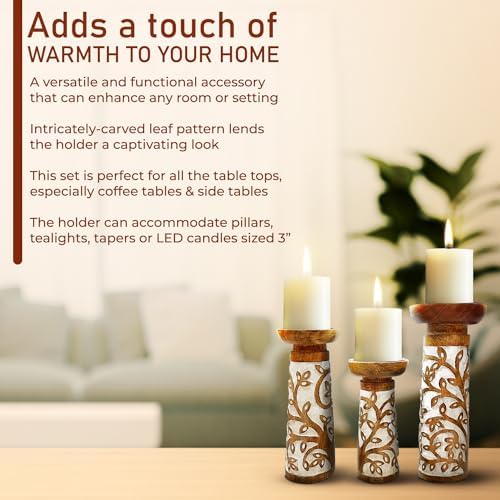 Perilla Home Wood Texture Candlestick Holders Set of 3 - Candle Holders for Candlesticks, Taper Candles, Anniversary, Dinning Table Vintage Candle Holder Centerpiece - (12x10x8 Brown and White) - Image 5