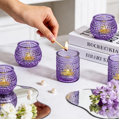 Rubtlamp Purple Votive Candle Holders Set of 24, Glass Candle Holders Bulk for Table Centerpiece, Tea Lights Candle Holder Glass for Wedding Shower, Home Party Decor - Image 5