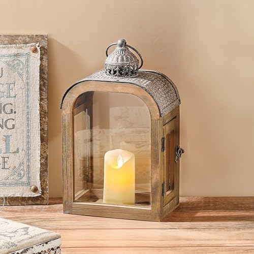 11" High Farmhouse Decorative Lantern, Glass and Metal, Distressed Brown Wood Finish, Rustic Brown Metal Top, Indoor Outdoor Candle Holders (Rustic Brown, 7"X4") - Image 3